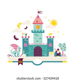 High detailed vector illustration of magic kingdom. Modern flat design. Wizard, dragon and castle on the pages of the book. Illustration for children education.