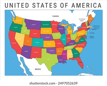 High detailed vector illustration map of United States of America, Colorful USA outline border Map with 50 states, multi colored political map of USA, Geographical Administrative Map and State names