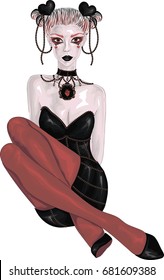  High detailed vector illustration - Pretty goth girl with red and black  hair, reddish brown eyes with heart inside in black dress