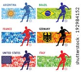 High detailed vector illustration of a soccer player and a group of fans in colors of Argentina, Brazil, France, Germany, USA and Italy.