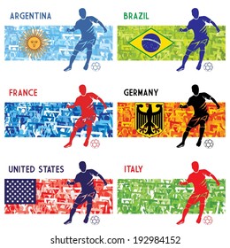 High detailed vector illustration of a soccer player and a group of fans in colors of Argentina, Brazil, France, Germany, USA and Italy.