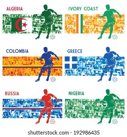 High detailed vector illustration of a soccer player and a group of fans in National colors of Russia, Algeria, Nigeria, Greece, Colombia and Ivory Coast. Please visit my Collection 1, 2, 3, 4 and 6.