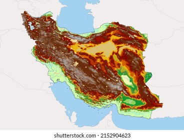 High detailed vector Iran physical map, topographic map of Iran on white with rivers, lakes and neighbouring countries. Vector map suitable for large prints and editing.