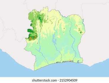 Mapa físico detallado del vector más alto de Costa de Marfil, mapa topográfico de Costa de Marfil sobre blanco con ríos, lagos y países vecinos. Mapa vectorial adecuado para grandes impresiones y edición.
