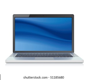 High detailed vector laptop with abstract blue background on screen.