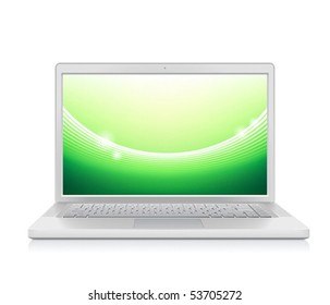High detailed vector laptop with abstract colorful background on screen.