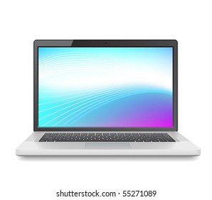 High detailed vector laptop with abstract colorful background on screen.