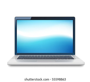 High detailed vector laptop with abstract colorful background on screen.