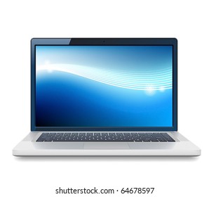 High detailed vector laptop with abstract colorful background on screen.