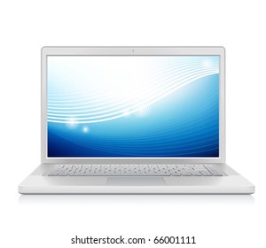 High detailed vector laptop with abstract colorful background on screen.