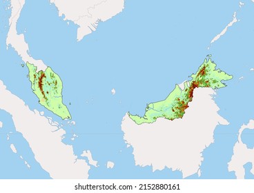 High detailed vector Malaysia physical map, topographic map of Malaysia on white with rivers, lakes and neighbouring countries. Vector map suitable for large prints and editing.