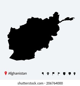 High detailed vector map of Afghanistan with navigation pins.