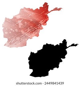 High detailed vector map. Afghanistan. Set of two cards. Watercolor style. Red color. Black card.