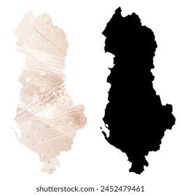 High detailed vector map. Albania. Set of two cards. Watercolor style. Brown beige color. Black card.