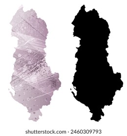 High detailed vector map. Albania. Set of two cards. Watercolor style. Purple color. Black card.