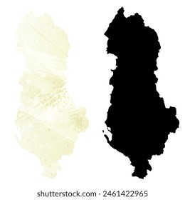 High detailed vector map. Albania. Set of two cards. Watercolor style. Yellow lemon color. Black card.