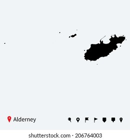 High detailed vector map of Alderney with navigation pins.