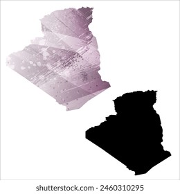 High detailed vector map. Algeria. Set of two cards. Watercolor style. Purple color. Black card.