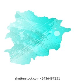 Detaillierte Vektorkarte mit hoher Auflösung. Andorra. Aquarellstil. Türkis. Hellblaue Farbe.