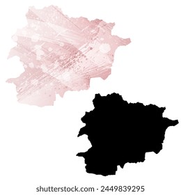 High detailed vector map. Andorra. Set of two cards. Watercolor style. Pink color. Black card.