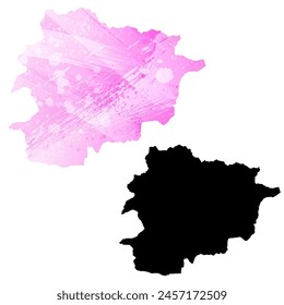 High detailed vector map. Andorra. Set of two cards. Watercolor style. Pink color. Black card.