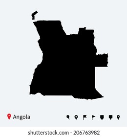 High detailed vector map of Angola with navigation pins.