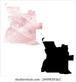 Mapa de Vector detallado. Angola. Juego de dos cartas. Estilo acuarela. Color rosa. Tarjeta negra.