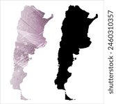 High detailed vector map. Argentina. Set of two cards. Watercolor style. Purple color. Black card.