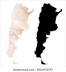 Mapa de Vector detallado. Argentina. Juego de dos cartas. Estilo acuarela. Color beige marrón. Tarjeta negra.