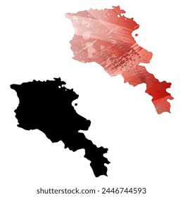 High detailed vector map. Armenia. Set of two cards. Watercolor style. Red color. Black card.