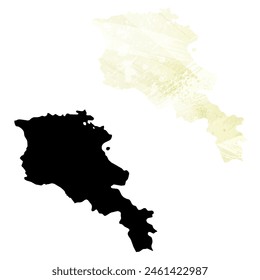 High detailed vector map. Armenia. Set of two cards. Watercolor style. Yellow lemon color. Black card.