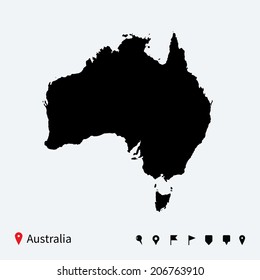 High detailed vector map of Australia with navigation pins.