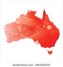 High detailed vector map. Australia. Watercolor style. Scarlet bright red color.