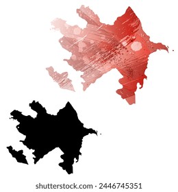High detailed vector map. Azerbaijan. Set of two cards. Watercolor style. Red color. Black card.
