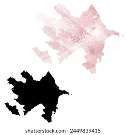 High detailed vector map. Azerbaijan. Set of two cards. Watercolor style. Pink color. Black card.