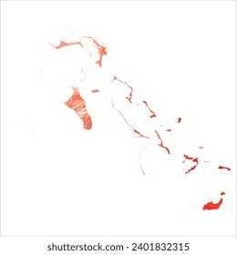 High detailed vector map. Bahamas. Watercolor style. Scarlet bright red color.