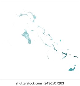 Mapa vectorial detallado. Bahamas. Estilo acuarela. Color azul turquesa. El azul es un color profundo.