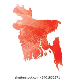 High detailed vector map. Bangladesh. Watercolor style. Scarlet bright red color.
