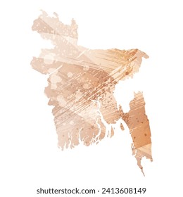 Mapa vectorial detallado alto. Bangladesh. Estilo acuarela. Brass antiguo. Marrón claro. Color dorado.