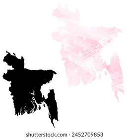 High detailed vector map. Bangladesh. Set of two cards. Watercolor style. Pink color. Black card.