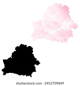 High detailed vector map. Belarus. Set of two cards. Watercolor style. Pink color. Black card.