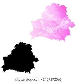 High detailed vector map. Belarus. Set of two cards. Watercolor style. Pink color. Black card.