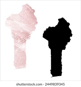 High detailed vector map. Benin. Set of two cards. Watercolor style. Pink color. Black card.