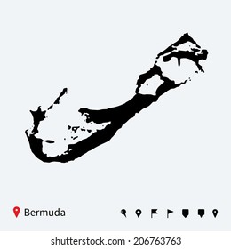 High detailed vector map of Bermuda with navigation pins.