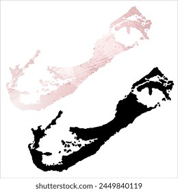 High detailed vector map. Bermuda. Set of two cards. Watercolor style. Pink color. Black card.
