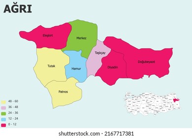 Hohe detaillierte Vektorkarte - Türkei-Ağrı. Blaugraue detaillierte Karte der Türkei und der Verwaltungsabteilungen und Lage auf der Welt. Vektorgrafik