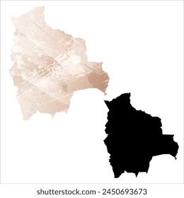 Mapa de Vector detallado. Bolivia. Juego de dos cartas. Estilo acuarela. Color beige marrón. Tarjeta negra.