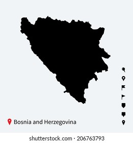 High detailed vector map of Bosnia and Herzegovina with navigation pins.