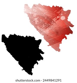 High detailed vector map. Bosnia and Herzegovina. Set of two cards. Watercolor style. Red color. Black card.