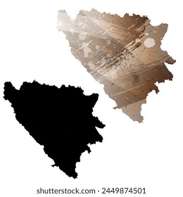 High detailed vector map. Bosnia and Herzegovina. Set of two cards. Watercolor style. Brown color. Black card.